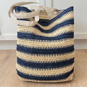 100% Paper Woven Navy/Tan Beachy Boho Shoulder Tote Bag